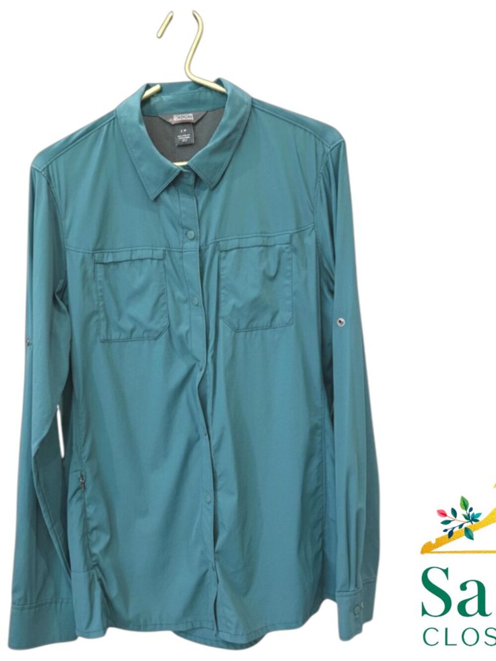 Outdoor Research Wayward Shirt L NWOT Teal Green Stretch Snap Fishing Roll Tab